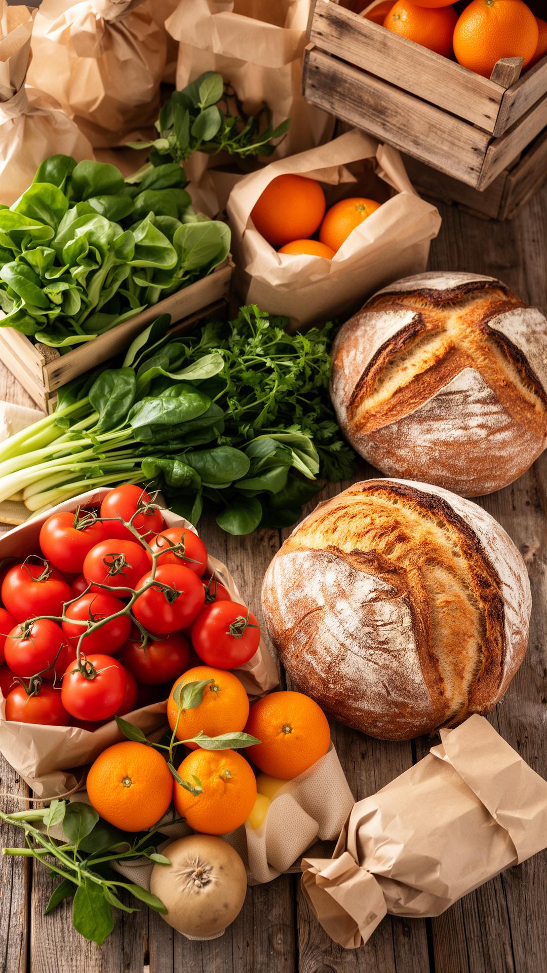 Fresh produce, bread, and pantry goods arranged on a wooden surface